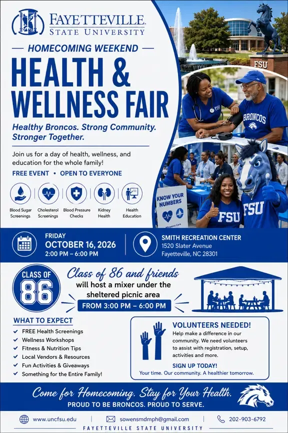 Flyer for the Health & Wellness Fair on Friday, October 16, 2026, from 2:00 PM to 6:00 PM at Smith Recreation Center, 1520 Slater Avenue, Fayetteville, NC 28301.