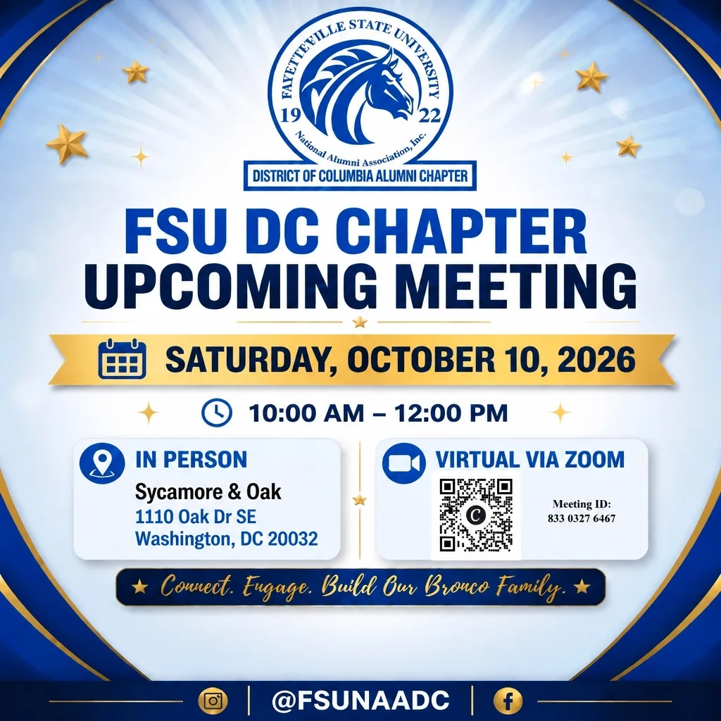 Flyer for the FSU DC Chapter October meeting on Saturday, October 10, 2026, with in-person and virtual options