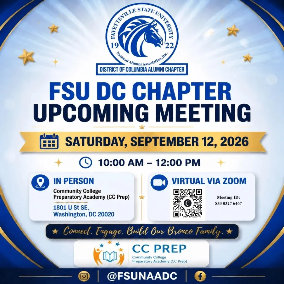 Flyer for the FSU DC Chapter meeting on September 12, 2026, with in-person and virtual options